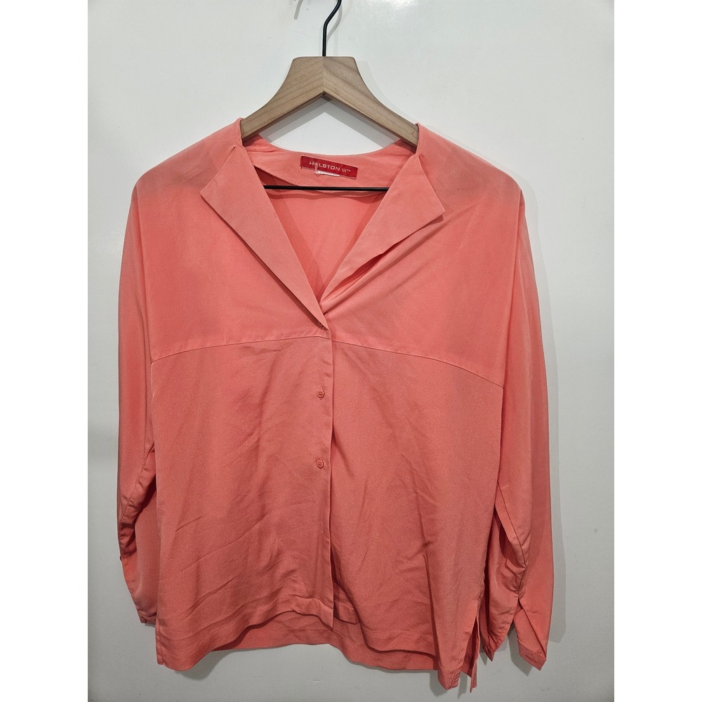 Halston III Womens Coral Pink Long Sleeve Notched Collar Button Down Blouse ‎ L